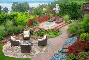 backyard landscaping ideas firepit outdoor furniture small deck sun loungers